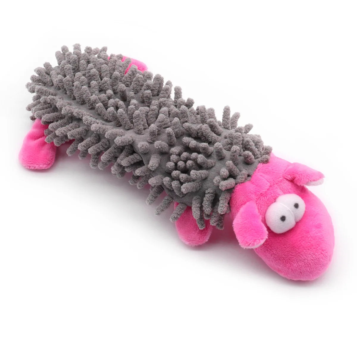 Gray and pink squeaky plush dog chew toy with mop fur shell for puppy training and daily chewing