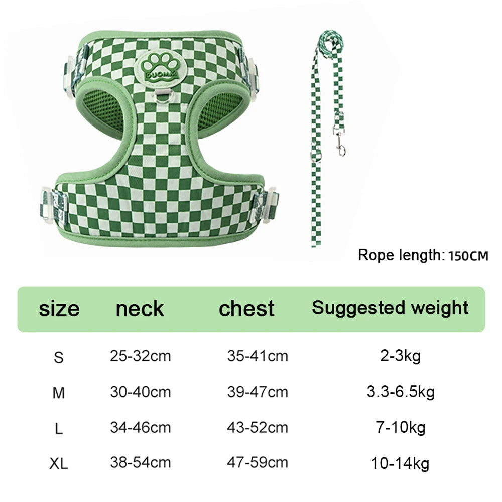 plaid dog harness and leash set green checkered adjustable soft padded vest with leash for small medium dogs and cats