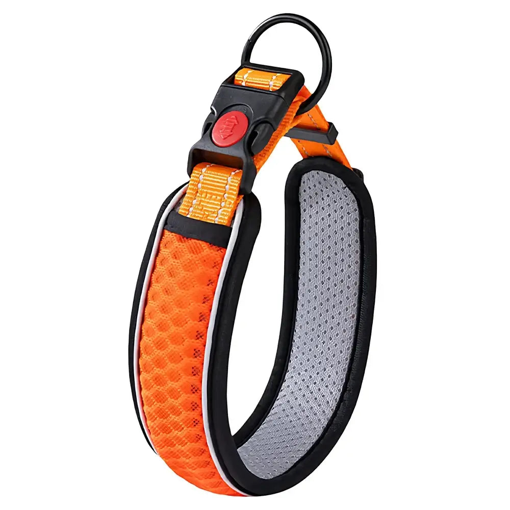 Orange reflective adjustable dog collar with breathable mesh, durable buckle, and padded lining for small to large dogs