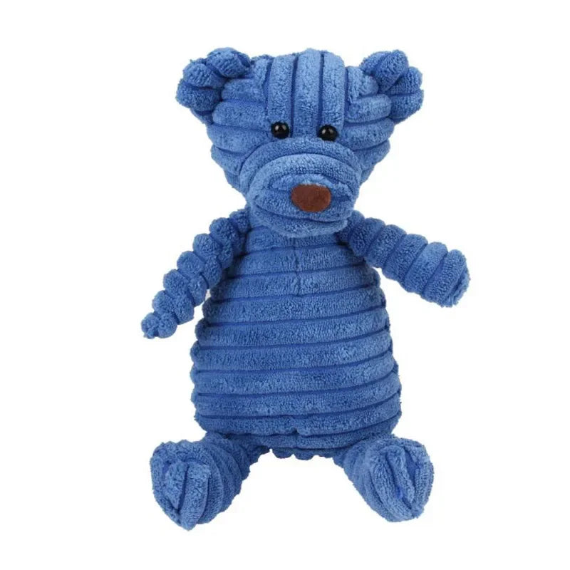 Blue plush squeaky dog toy in bear shape, bite resistant corduroy fleece toy for puppies and small to large dogs