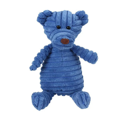 Blue plush squeaky dog toy in bear shape, bite resistant corduroy fleece toy for puppies and small to large dogs