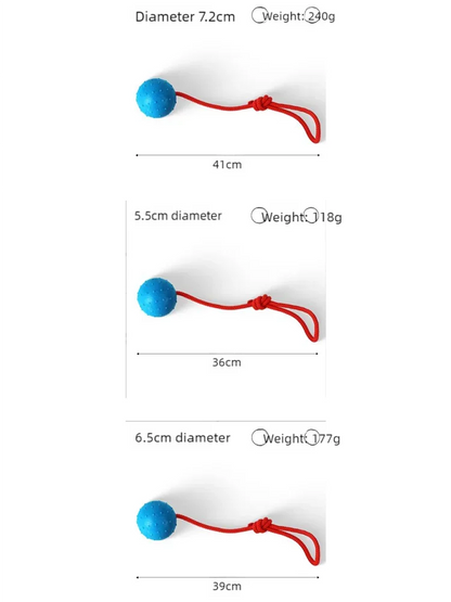 Three blue rubber dog balls with red ropes, labeled with different sizes and weights.