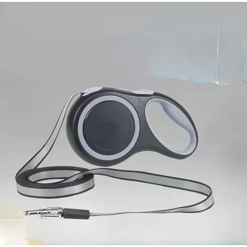 Grey 8M retractable dog leash for large dogs, reflective nylon walking lead, durable 50kg pet leash