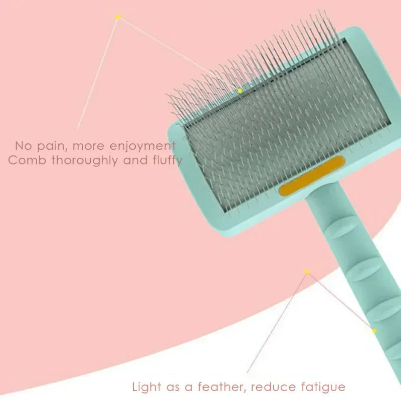 Lightweight dog grooming brush with soft bristles and ergonomic handle on pink background