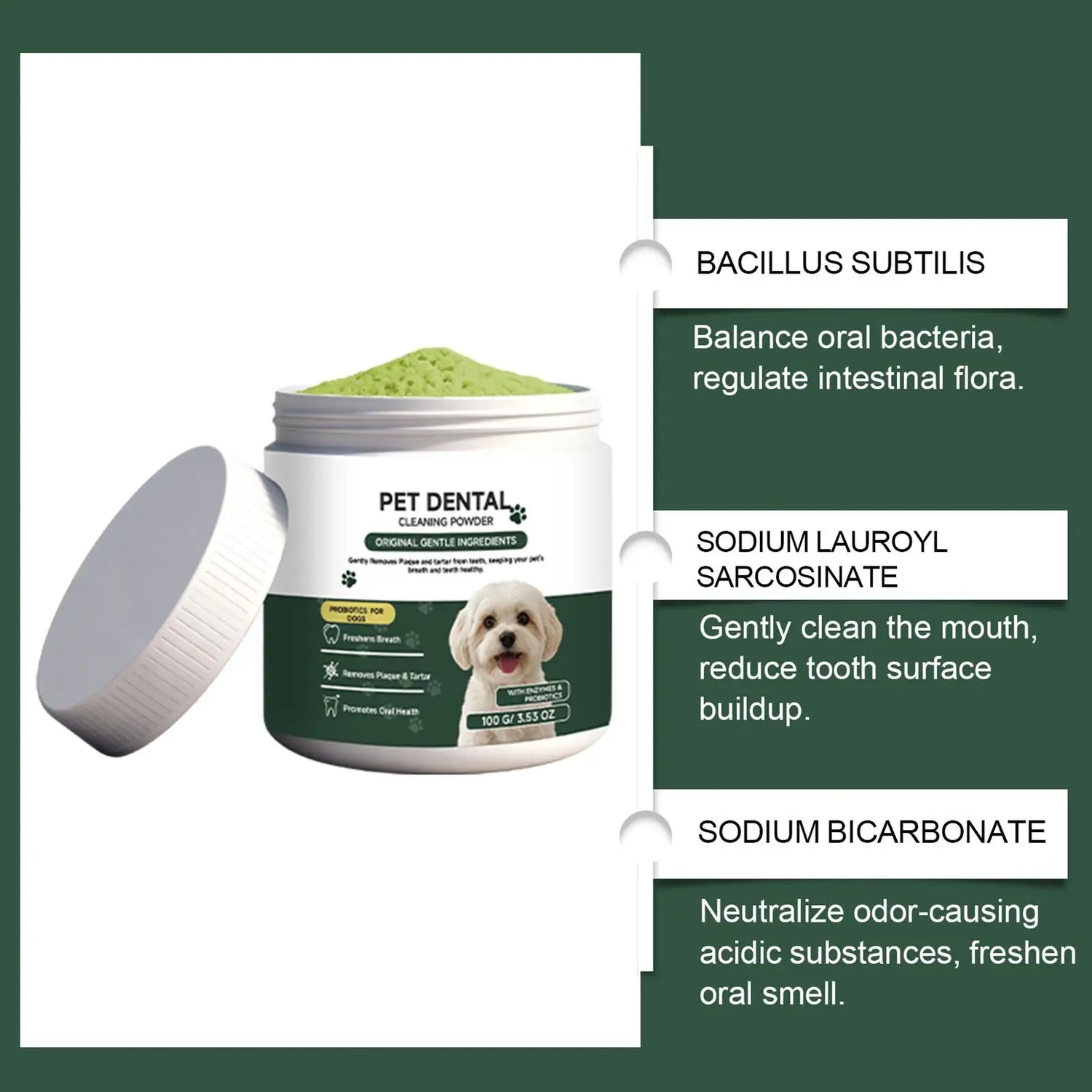 dog teeth cleaning powder with probiotic ingredients to remove plaque, freshen breath, and support daily oral care