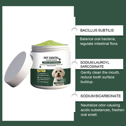 dog teeth cleaning powder with probiotic ingredients to remove plaque, freshen breath, and support daily oral care