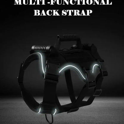 tactical dog harness with reflective multi-functional back strap, quick release and shock-absorbing traction design for all stages