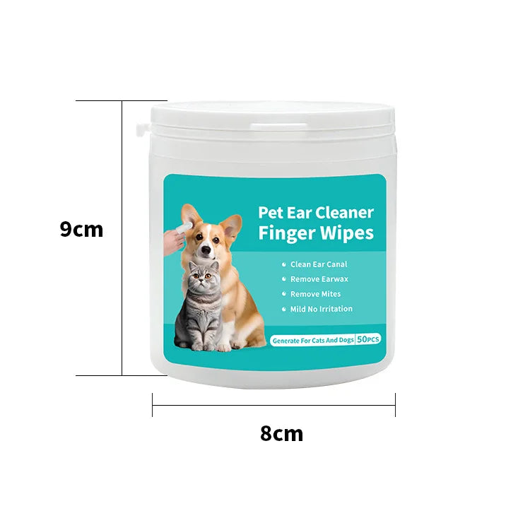 Pet ear cleaner finger wipes container with cat and dog illustration, labeled 9cm tall and 8cm wide