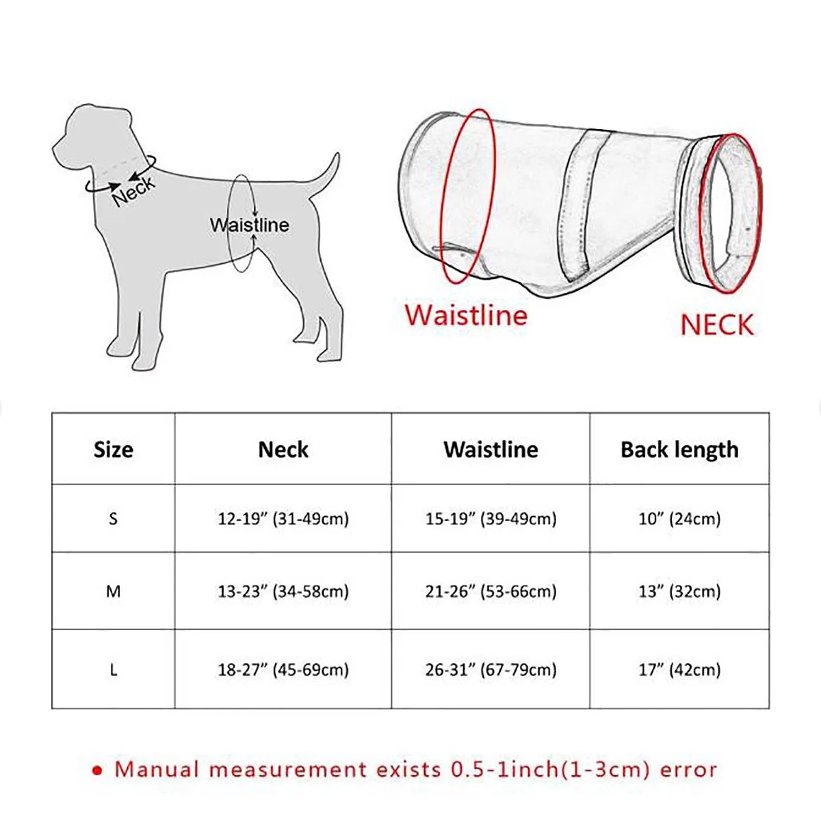 Dog size chart with neck, waistline, back length measurements and fitting guide illustration