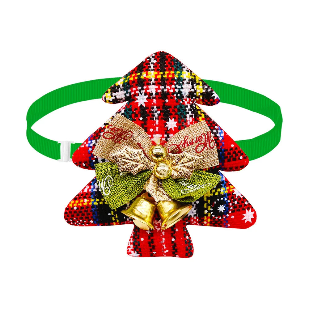 christmas dog bowties with bell adjustable festive pet collar for dogs and cats, red plaid tree design