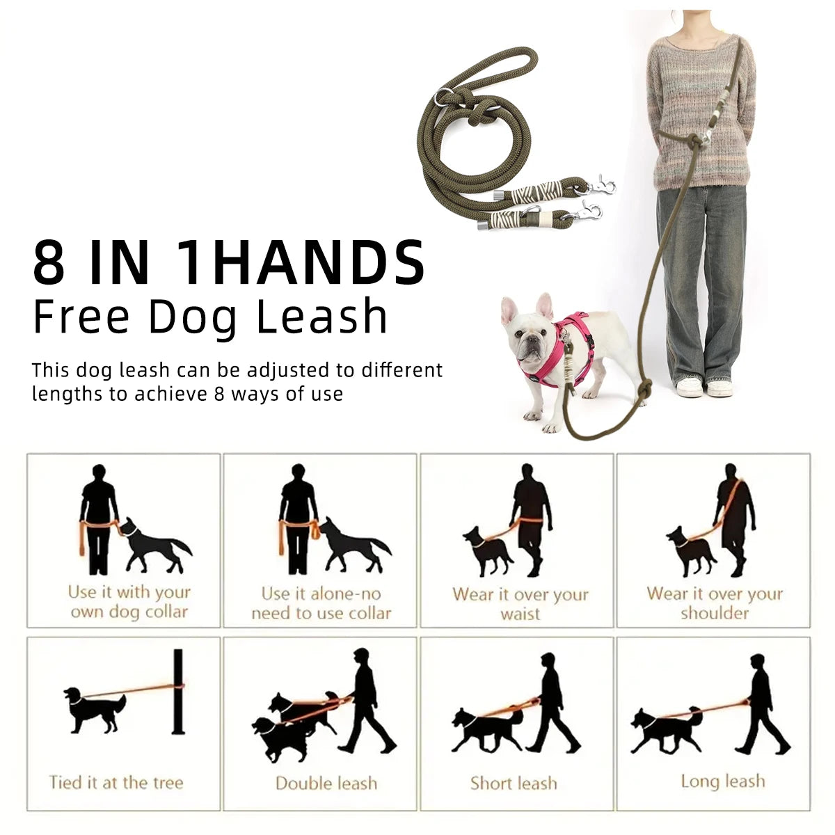 hands free dog leash for medium and large dogs, adjustable 8-in-1 braided traction rope with double buckle, solid color