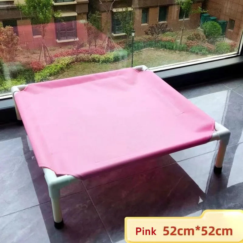 Pink elevated dog camping bed 52x52cm, foldable nylon pet hammock for dogs and cats, removable washable portable pet bed