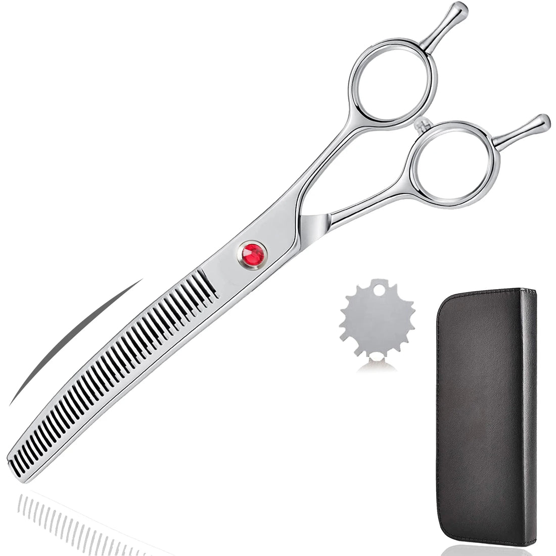 Dog grooming thinning scissors set with case and adjustment tool on white background