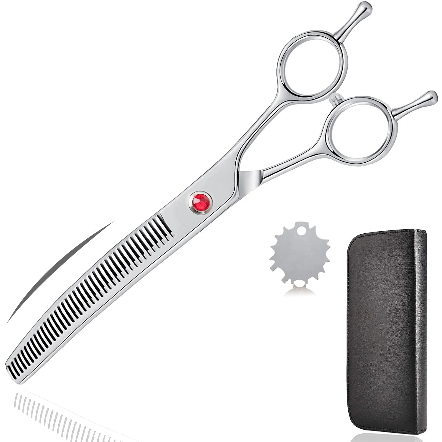 Dog grooming thinning scissors set with case and adjustment tool on white background