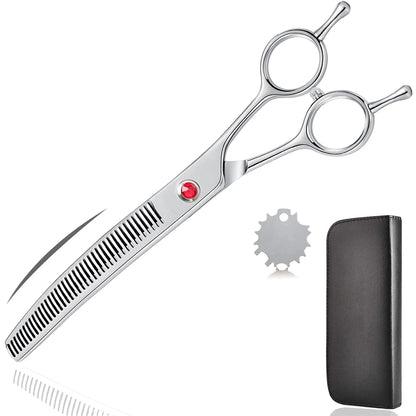 Dog grooming thinning scissors set with case and adjustment tool on white background