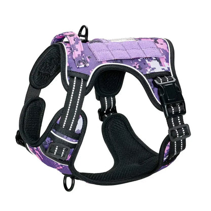 Purple military tactical dog harness, no-pull reflective vest with control handle, durable large dog harness for all stages