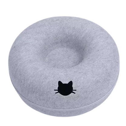 round cat tunnel bed in light gray with hole, donut-style cat nest bed and scratcher for cozy sleeping and play