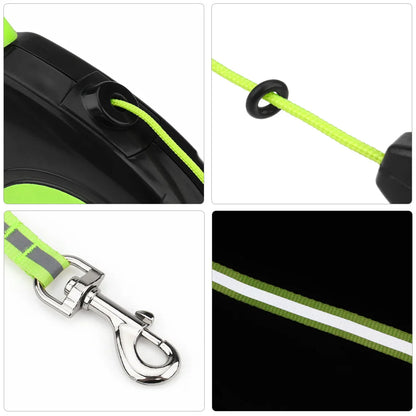 reflective retractable dog leash with durable rope, quick-release clip, and bright green design for walking dogs safely