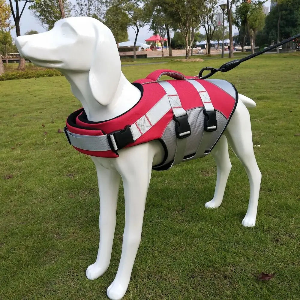 reflective dog life jacket adjustable buoyancy vest for safe swimming and beach outings, red and gray