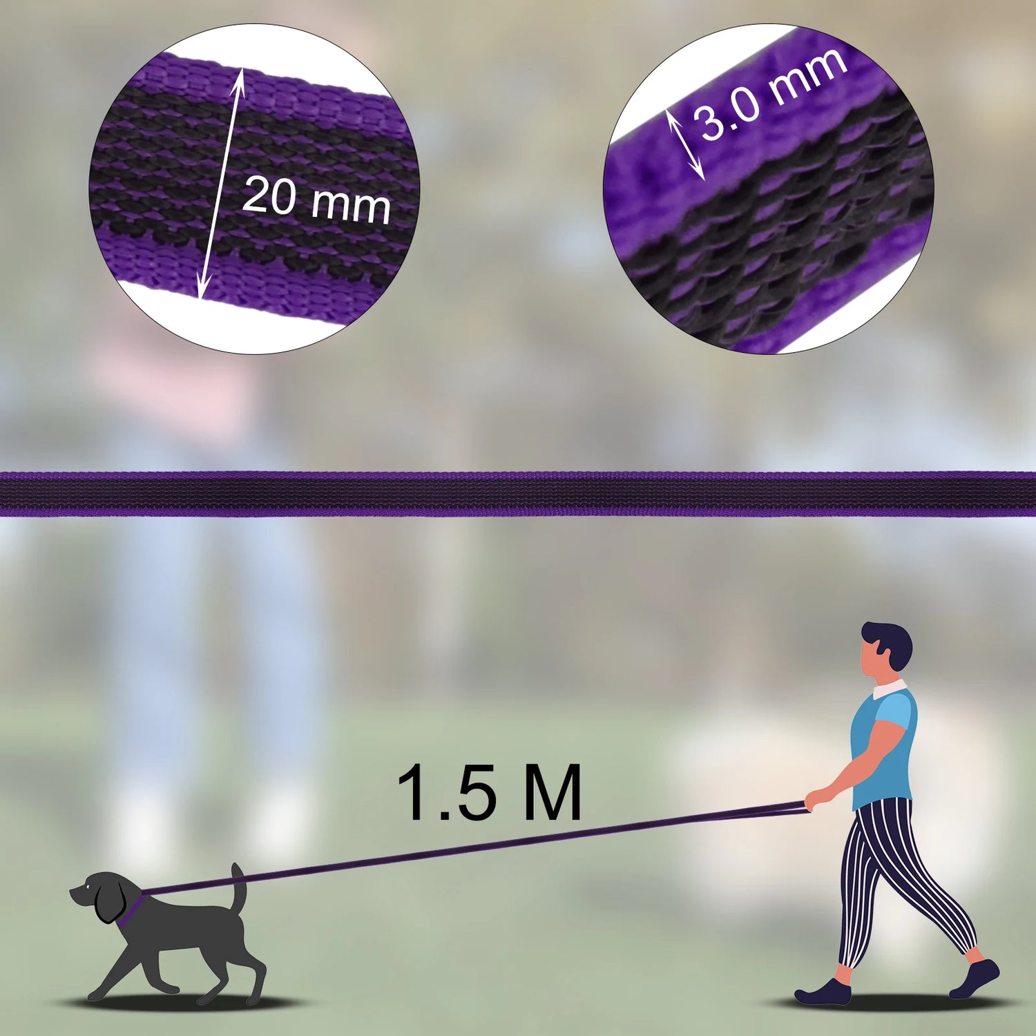 Adjustable dog training leash, 1.5M purple nylon dog leash with 20 mm width and 3.0 mm thickness for easy control