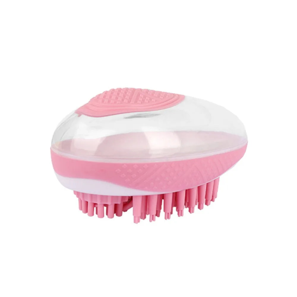 Pink shampoo dispenser dog bath brush with soft silicone bristles, portable 2-in-1 pet grooming and massage comb