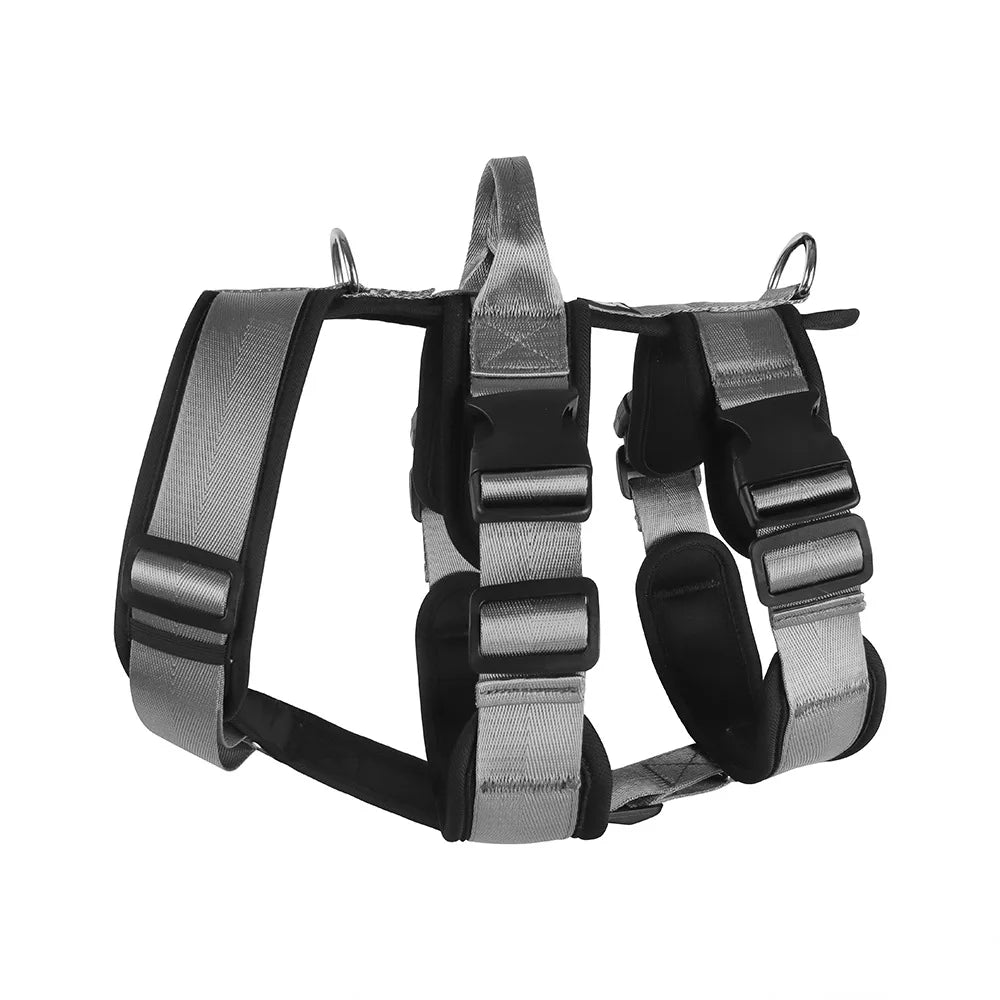 Reflective adjustable dog harness with secure buckles and metal leash rings