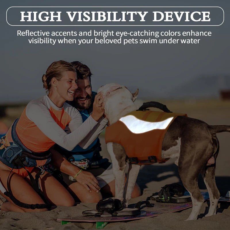 reflective dog life jacket with bright visibility, rescue handle, and leash ring for safe swimming and boating