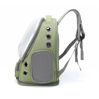 Green cat carrier backpack with transparent front, breathable mesh sides, and shoulder straps for cats and small dogs