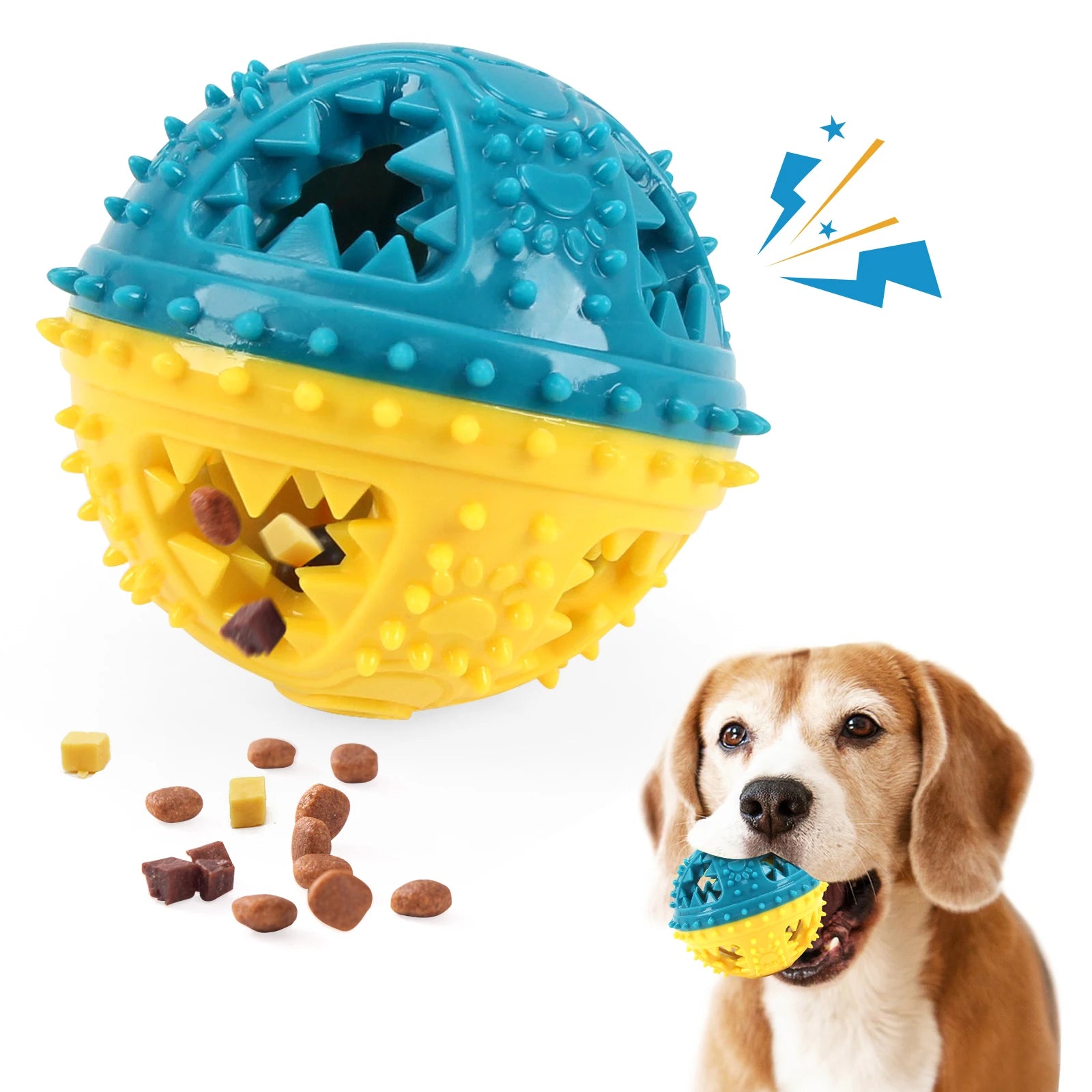 Beagle with blue and yellow interactive dog treat toy ball, scattered kibble nearby