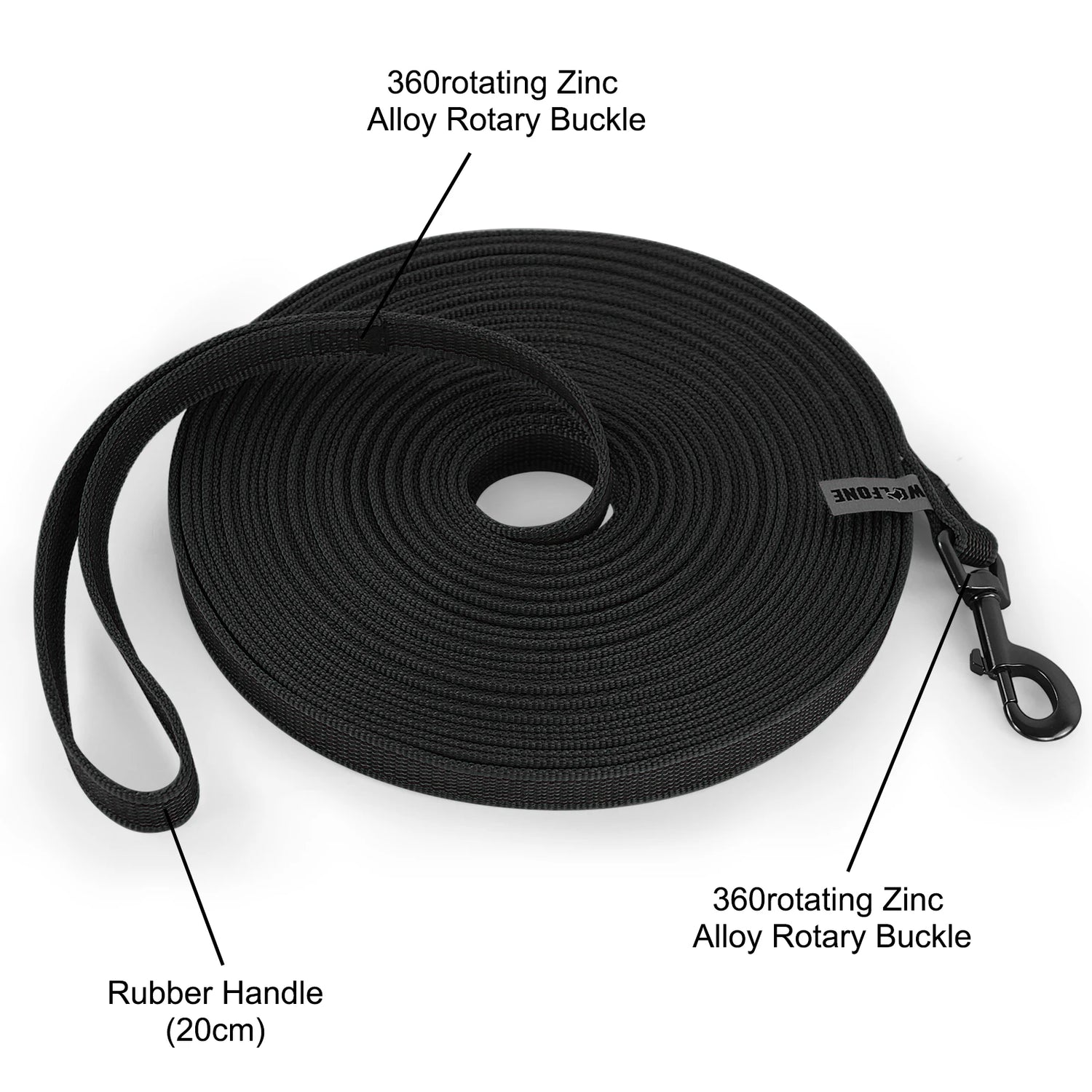 Long dog training leash with 360 rotating zinc alloy buckle and 20cm rubber handle for easy, convenient dog training