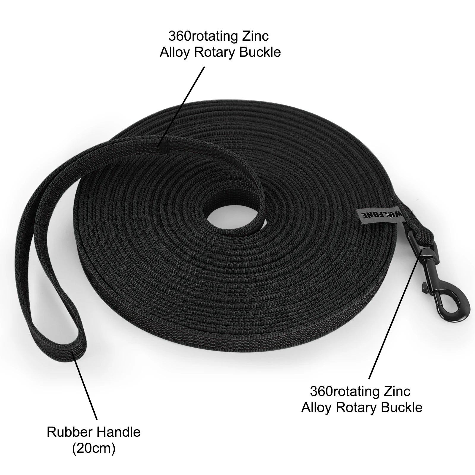 Long dog training leash with 360 rotating zinc alloy buckle and 20cm rubber handle for easy, convenient dog training