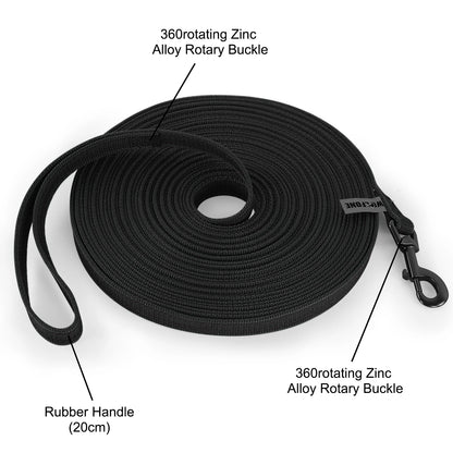 Long dog training leash with 360 rotating zinc alloy buckle and 20cm rubber handle for easy, convenient dog training
