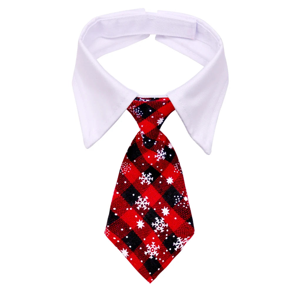 christmas dog necktie red plaid snowflake pet tie with white collar, adjustable cloth dog grooming accessory