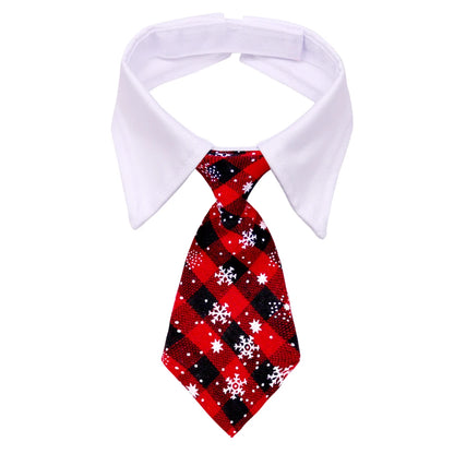 christmas dog necktie red plaid snowflake pet tie with white collar, adjustable cloth dog grooming accessory