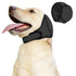 Yellow Labrador wearing black dog ear protection hood, tongue out, with product detail view