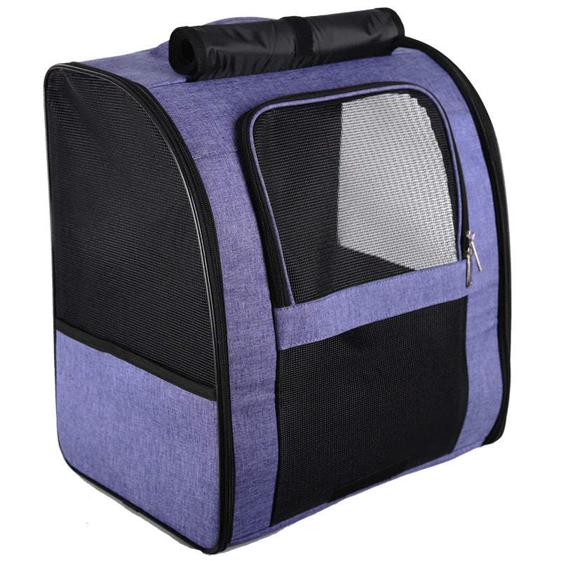 Purple breathable cat carrier backpack with mesh windows, foldable Oxford cloth pet travel bag for small cats and dogs