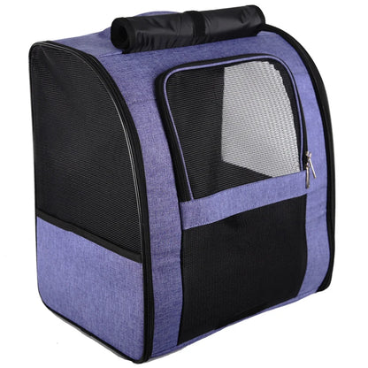 Purple breathable cat carrier backpack with mesh windows, foldable Oxford cloth pet travel bag for small cats and dogs