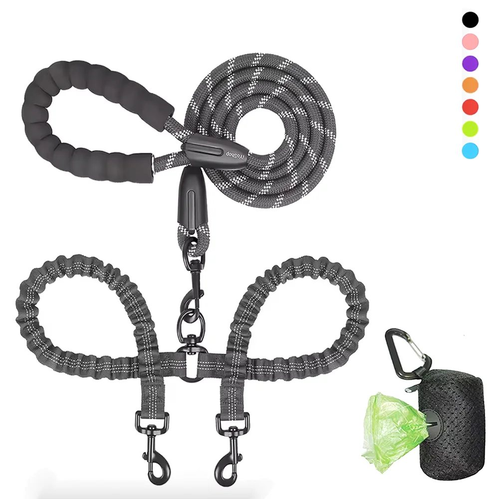double dog leash coupler with nylon rope leash, twin leads for walking two dogs, includes poop bag dispenser