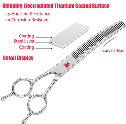 Titanium coated dog grooming thinning shears with curved head and abrasion-resistant surface