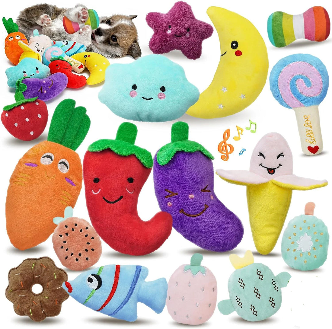 plush squeaky dog chew toy set with colorful fruit and character shapes for small and medium dogs