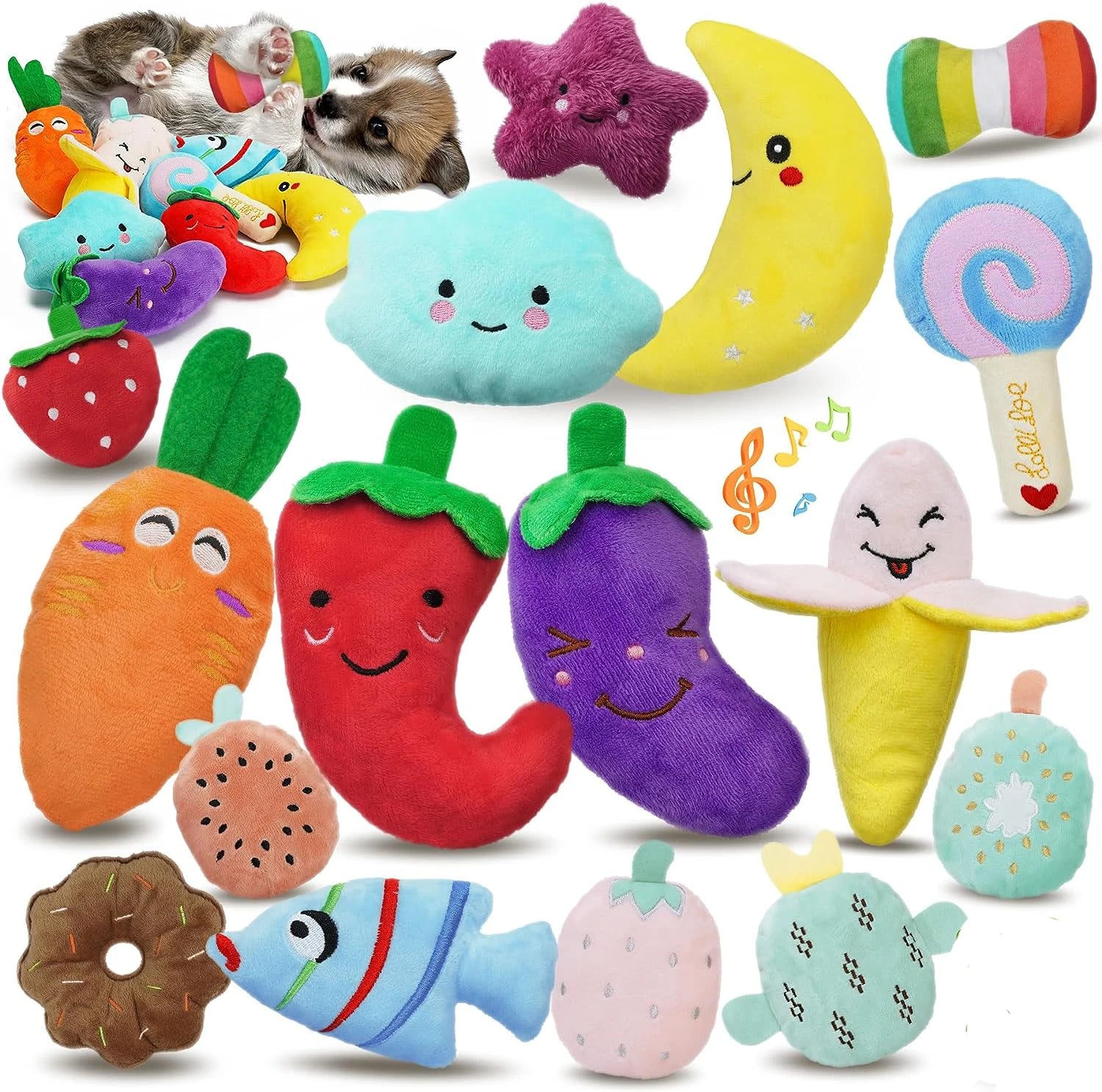 plush squeaky dog chew toy set with colorful fruit and character shapes for small and medium dogs