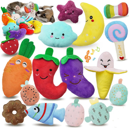 plush squeaky dog chew toy set with colorful fruit and character shapes for small and medium dogs