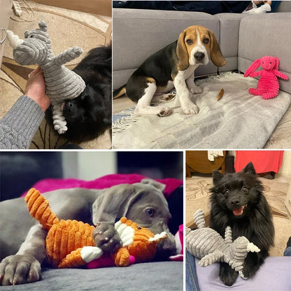 Plush squeaky dog toy in corduroy, bite resistant stuffed animal for small and large dogs, puppy training and play