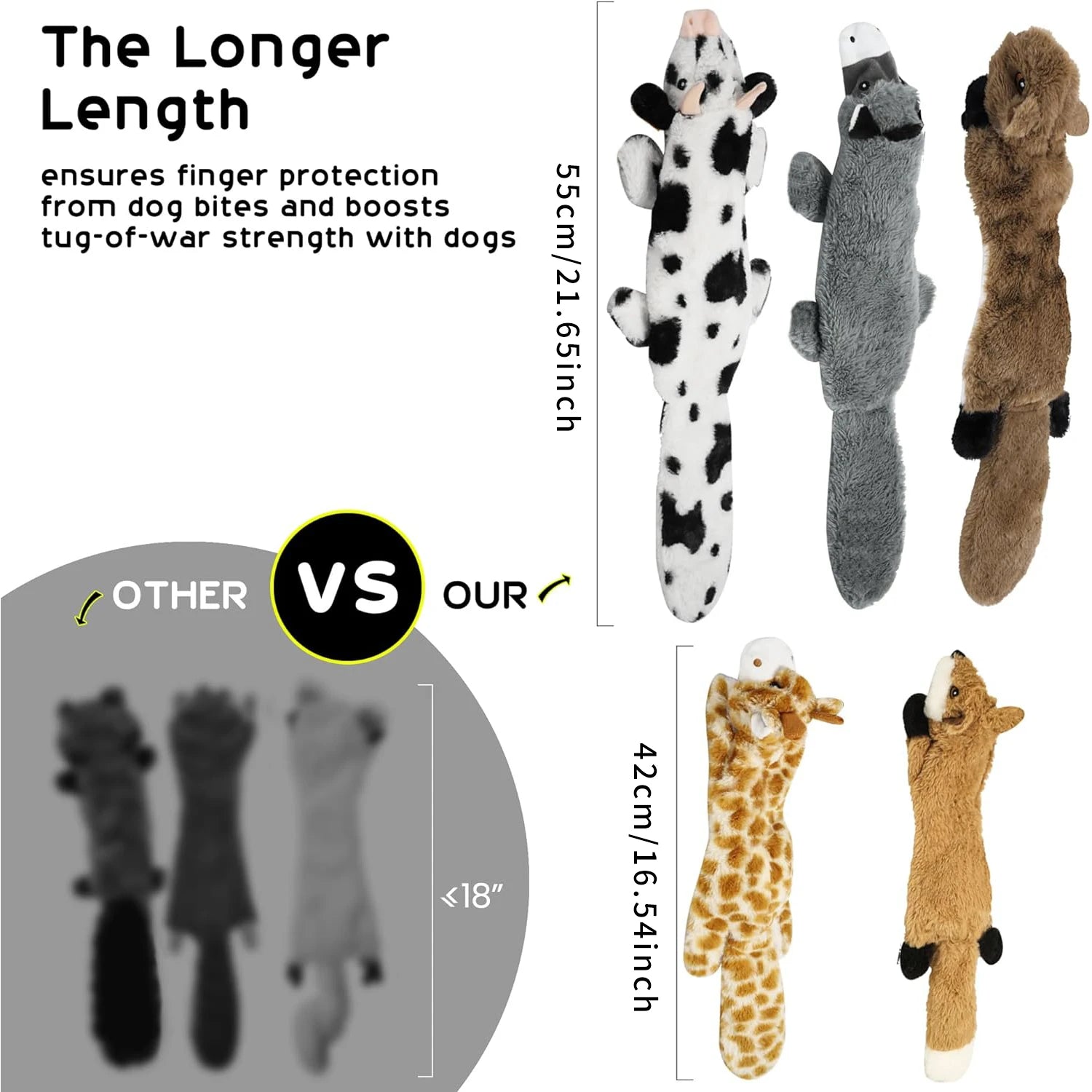 no stuffing squeaky dog toys for tug-of-war, longer plush design with finger protection and five animal styles