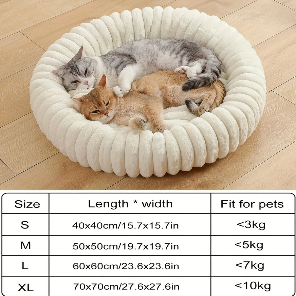 Plush donut cat bed with two cats sleeping in a cozy round pet nest, ultra soft warm bed for small and medium pets