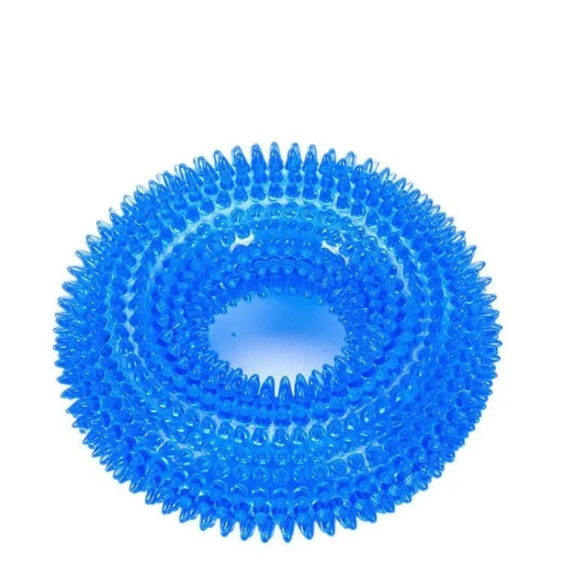 Blue spiky rubber ring dog chew toy, textured for dental cleaning and interactive play