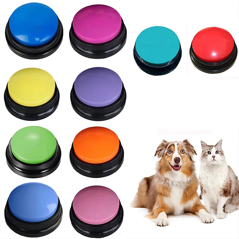 Colorful pet training buttons with a dog and cat on a white background