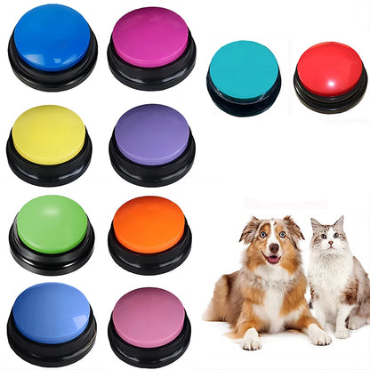 Colorful pet training buttons with a dog and cat on a white background