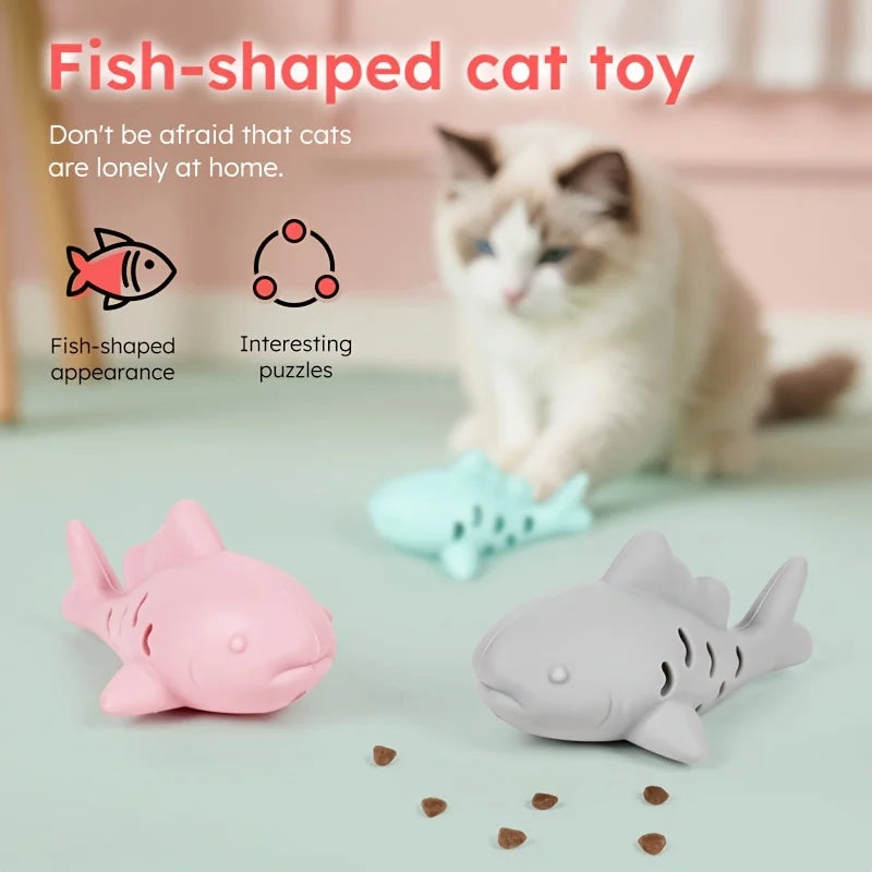 Fish-shaped cat toy interactive chew toy for small pets with bite-resistant silicone design, food-hiding puzzle fun