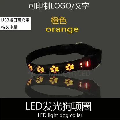 luminous safety dog collar yellow LED light dog collar with paw print pattern, USB rechargeable, reflective breakaway pet safety collar